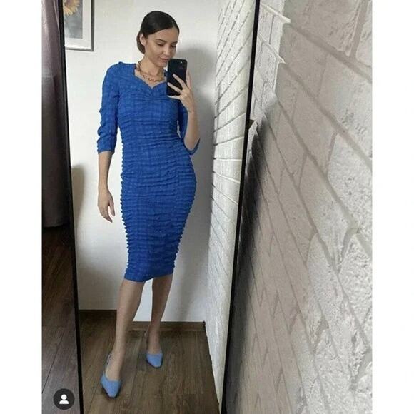 Zara Bright Blue Ruched  Bodycon Midi Dress  Bloggers Favorite Size L - Picture 1 of 12